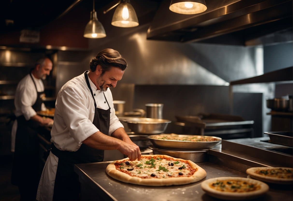 A bustling pizzeria in Helsingør, with a warm, inviting atmosphere. A chef skillfully tosses pizza dough in the open kitchen, while satisfied customers enjoy their meals at cozy tables