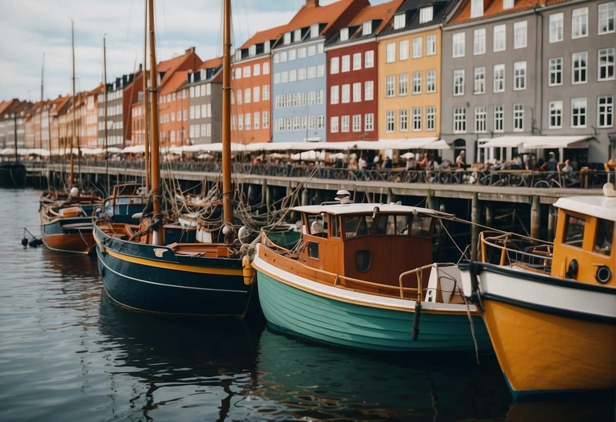 A bustling harbor with colorful boats and fishermen casting lines into the water, surrounded by historic buildings and bustling city life in Copenhagen