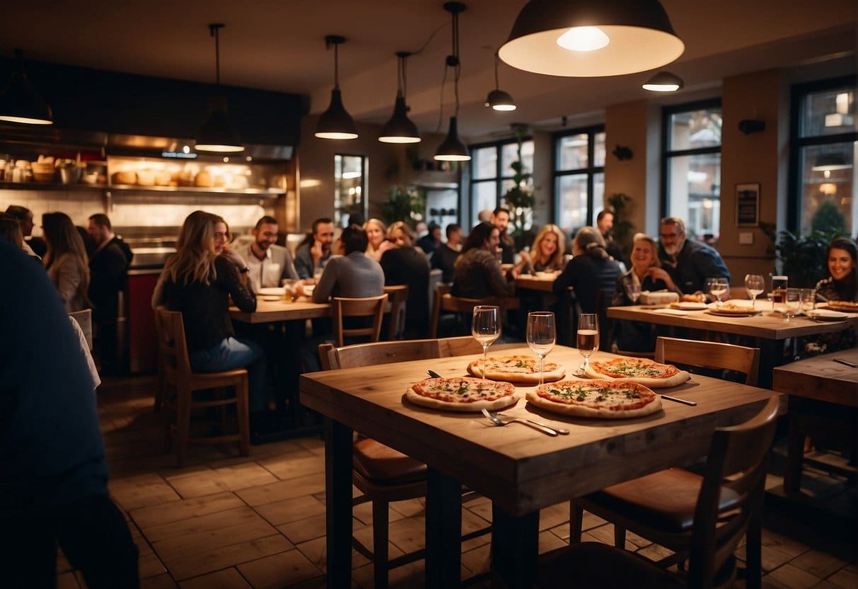 A bustling pizzeria in Helsingør, with customers enjoying their meals and lively conversations. The aroma of freshly baked pizza fills the air, while the warm and inviting atmosphere creates a sense of community and togetherness