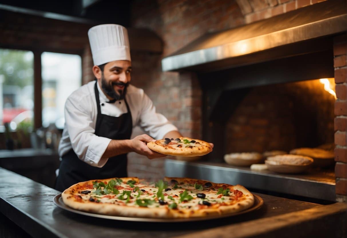 A rustic pizzeria with a wood-fired oven, a display of fresh ingredients, and a chef tossing dough in the air