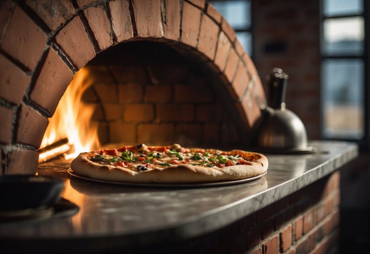 A rustic brick oven with a glowing fire, a wooden pizza peel, and fresh ingredients on a marble countertop at Bedste Pizza in Middelfart