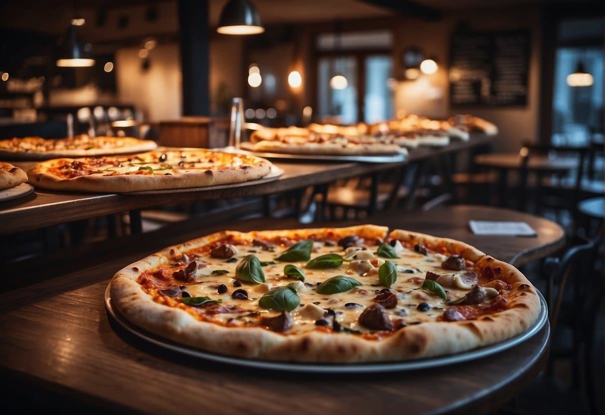 A table with various popular pizza types and menus displayed in a cozy pizzeria setting in Middelfart