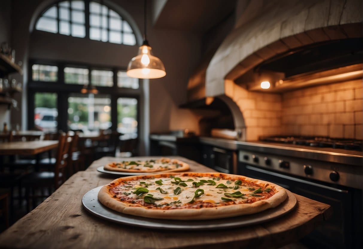 A rustic pizzeria in Middelfart with a wood-fired oven, checkered tablecloths, and a display of fresh ingredients