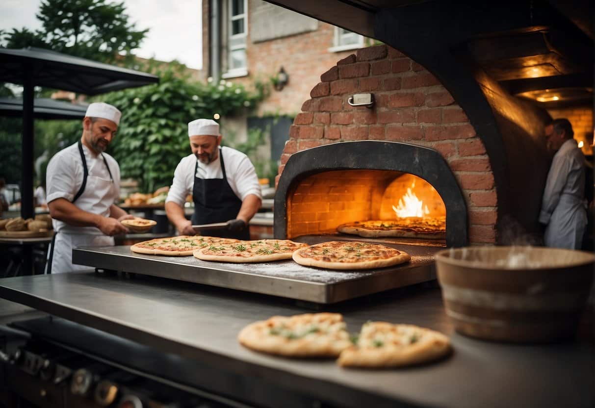 A table filled with fresh ingredients like tomatoes, cheese, and herbs, with a sign reading "Ingredienser og Kvalitet Bedste Pizza i Middelfart" in the background