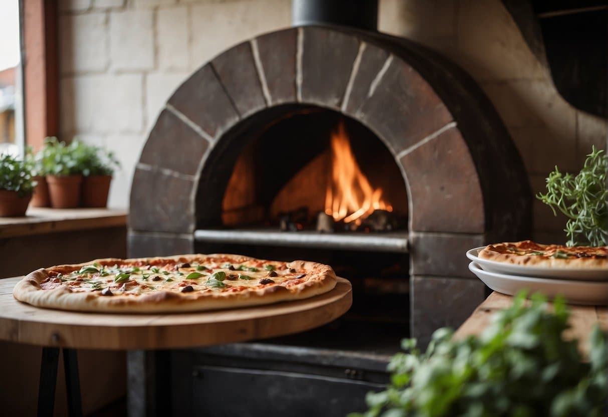 A bustling pizzeria in Løkken, with a warm and inviting atmosphere, customers enjoying their meals, and a display of delicious pizzas on the counter