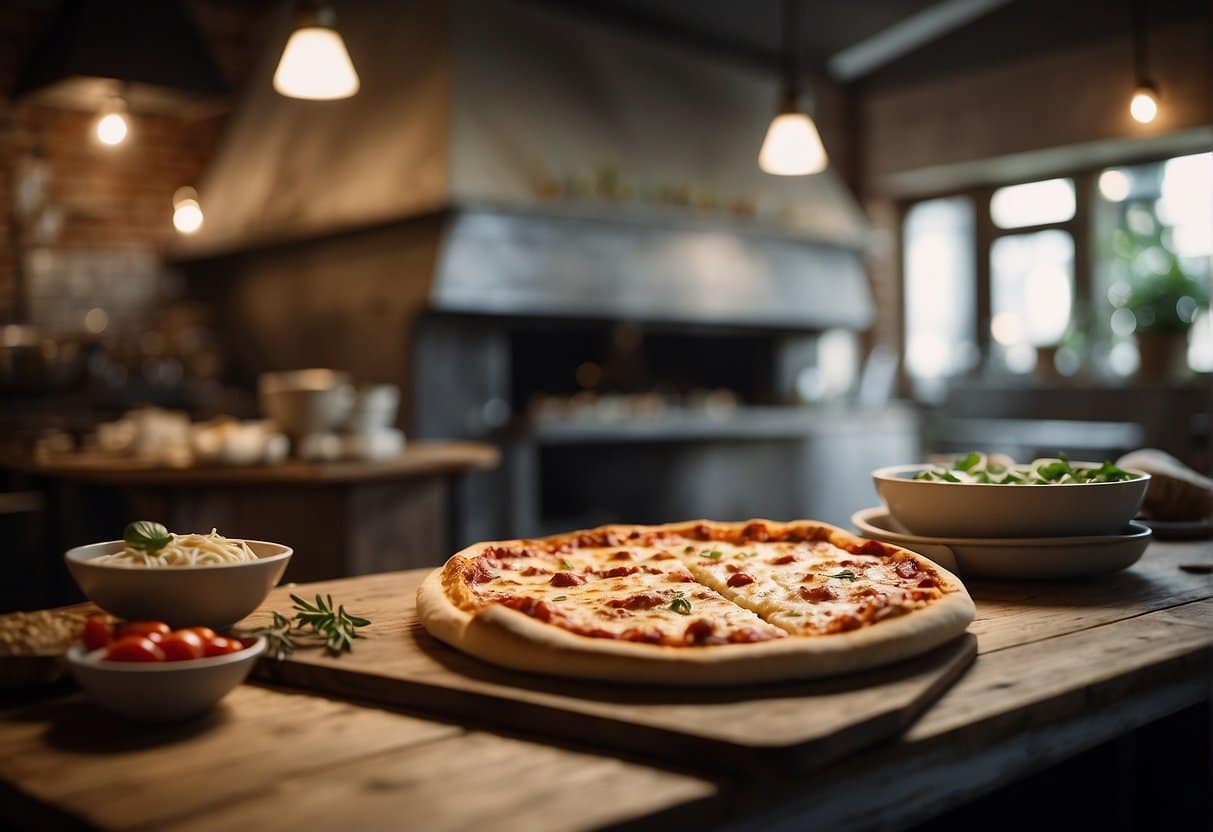 A cozy pizzeria with red and white checkered tablecloths, a wood-fired oven, and a display of fresh ingredients