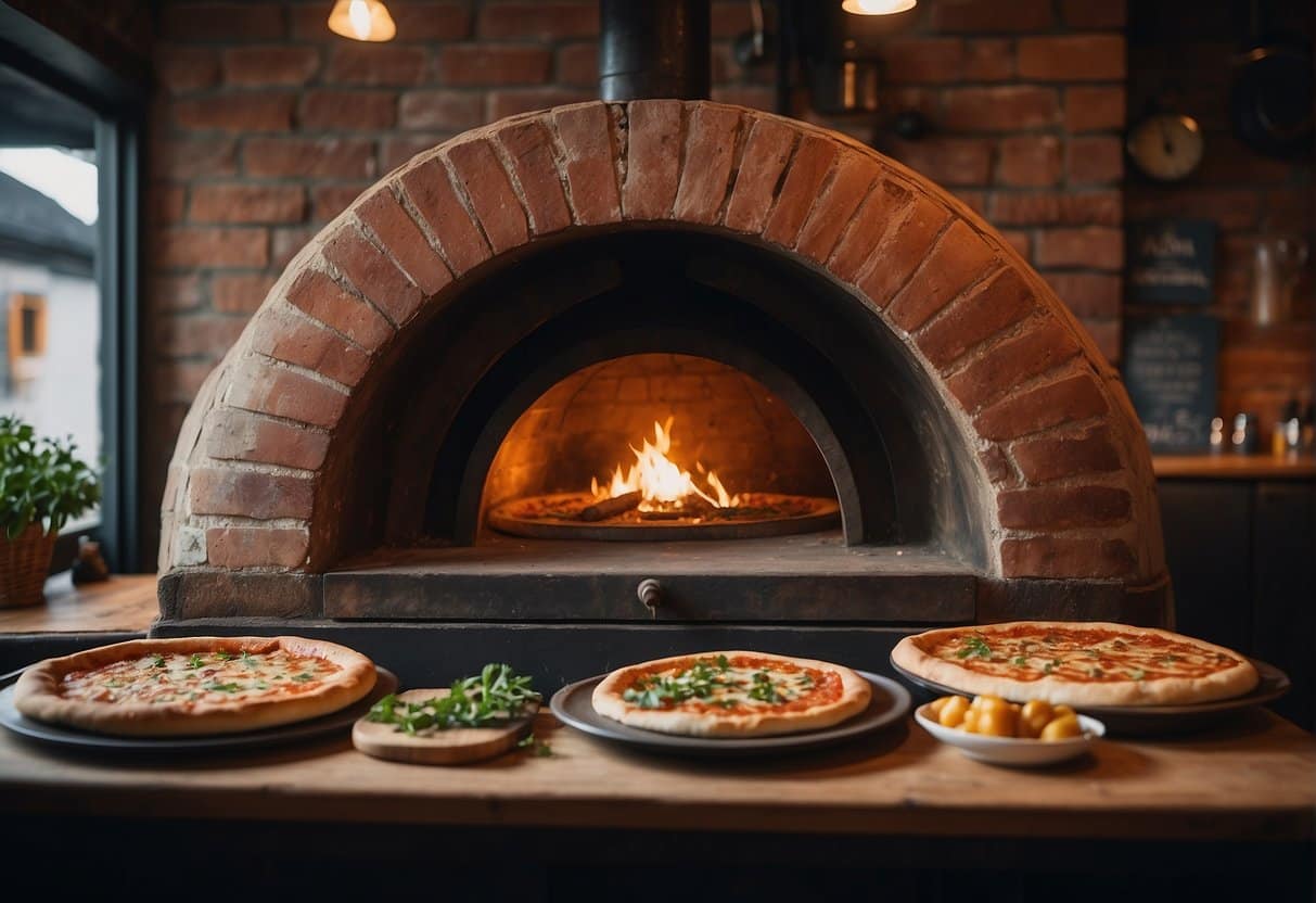 A rustic Italian pizzeria in Løkken, Denmark. A wood-fired oven, chefs tossing dough, and a display of fresh ingredients