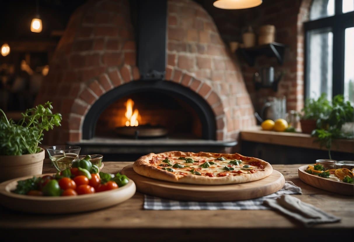 A rustic pizzeria in Løkken, with a wood-fired oven, checkered tablecloths, and a display of fresh ingredients