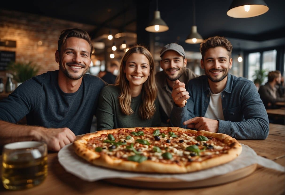 Customers enjoying pizza at a bustling pizzeria in Aabenraa, with satisfied smiles and positive feedback