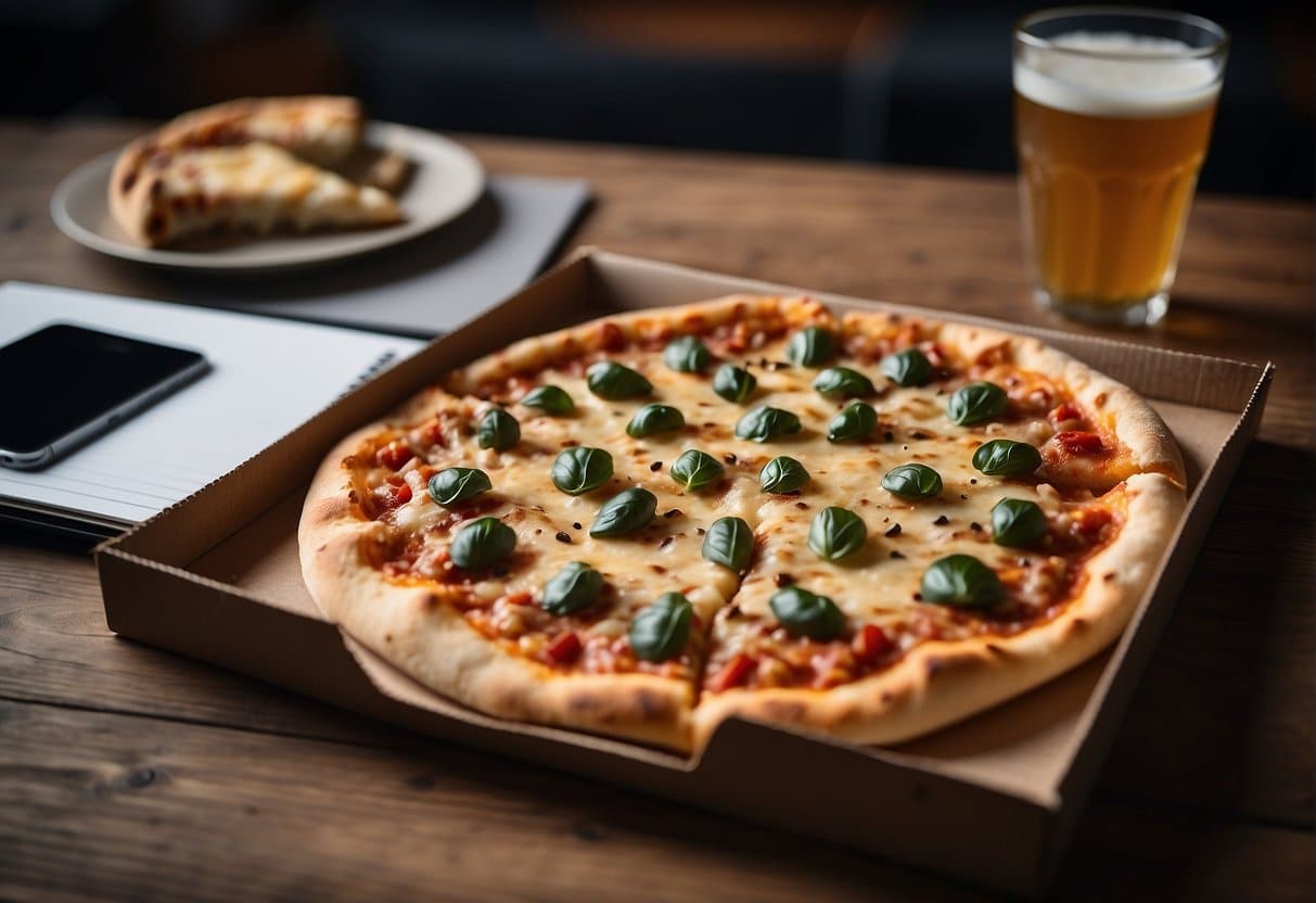 A pizza box with the words "Takeaway og Online Bestilling Bedste Pizza i Aabenraa" on a table with a laptop and a phone nearby