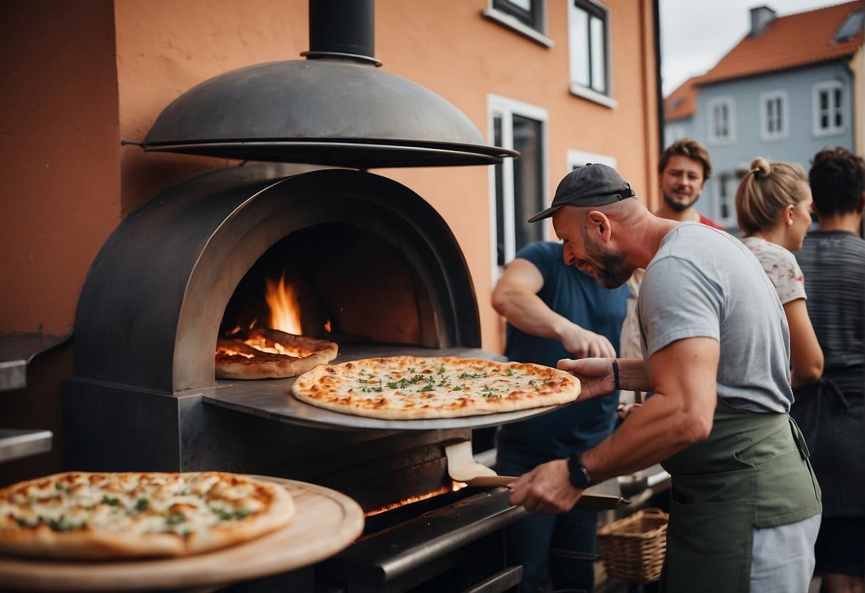 A bustling pizzeria in Skagen, Denmark, with a wood-fired oven, chefs tossing dough, and customers enjoying slices at outdoor tables