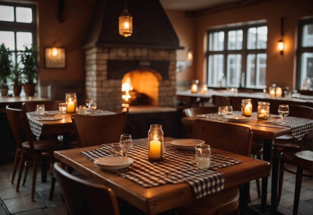 A cozy pizzeria in Skagen with warm lighting, rustic decor, and a wood-fired oven. Tables are adorned with checkered tablecloths and flickering candles, creating a welcoming and intimate atmosphere