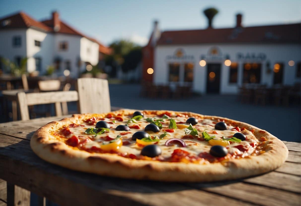 A rustic pizzeria in Skagen, with a wood-fired oven and chefs tossing dough. Tables are filled with diners enjoying their delicious pizzas