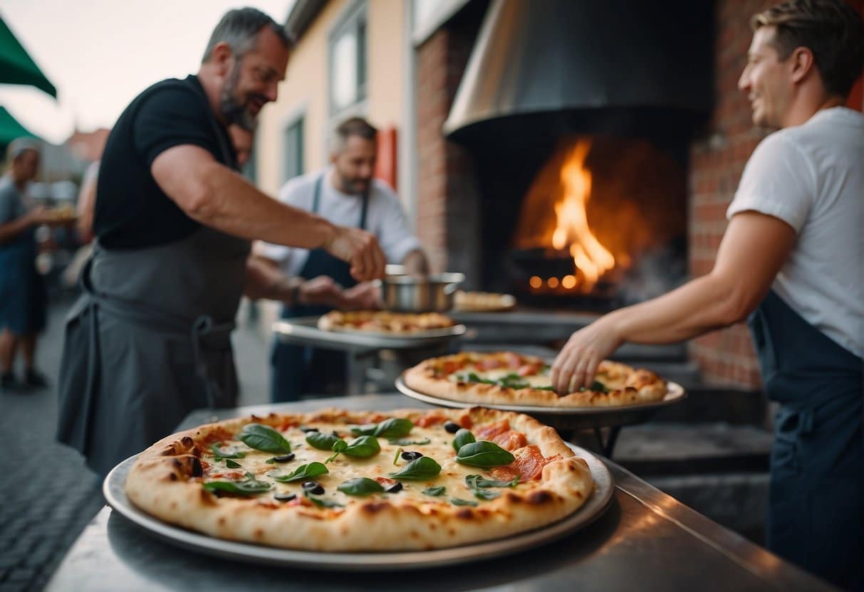 A busy pizzeria in Skagen with a wood-fired oven, chefs tossing dough, and customers enjoying their pizza at outdoor tables