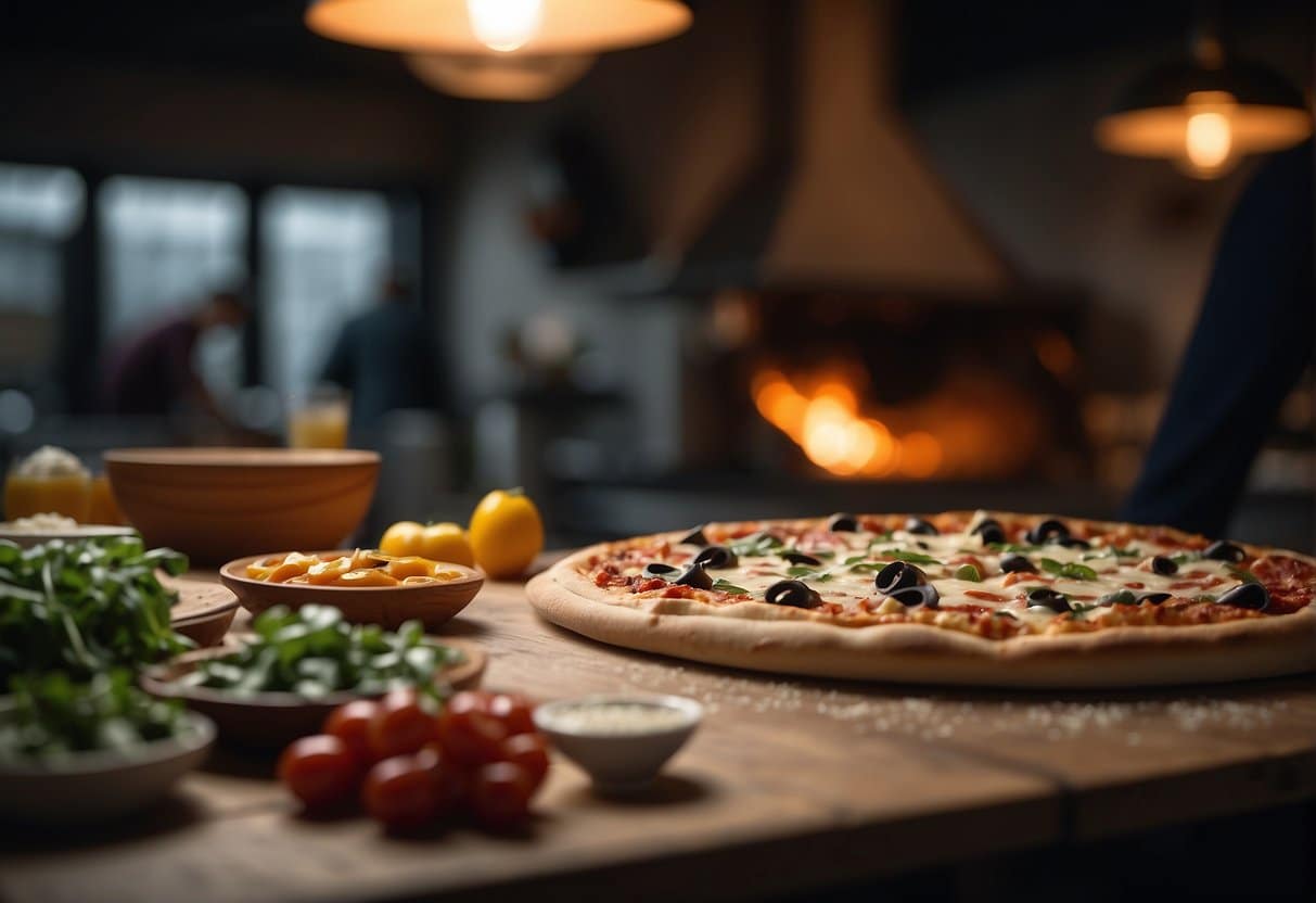 A pizza being prepared with unique toppings in a cozy pizzeria in Holstebro, Denmark