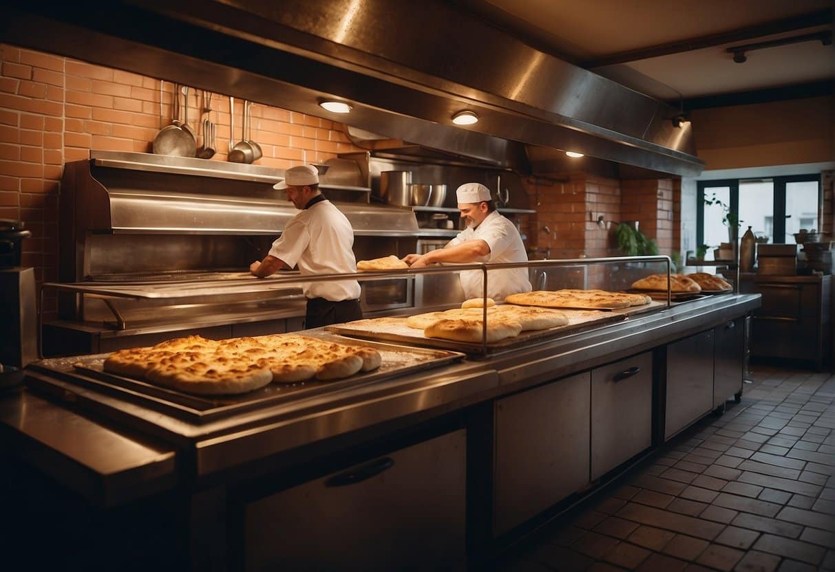 A bustling pizzeria in Holstebro, with a brick oven, chefs tossing dough, and a counter lined with fresh ingredients