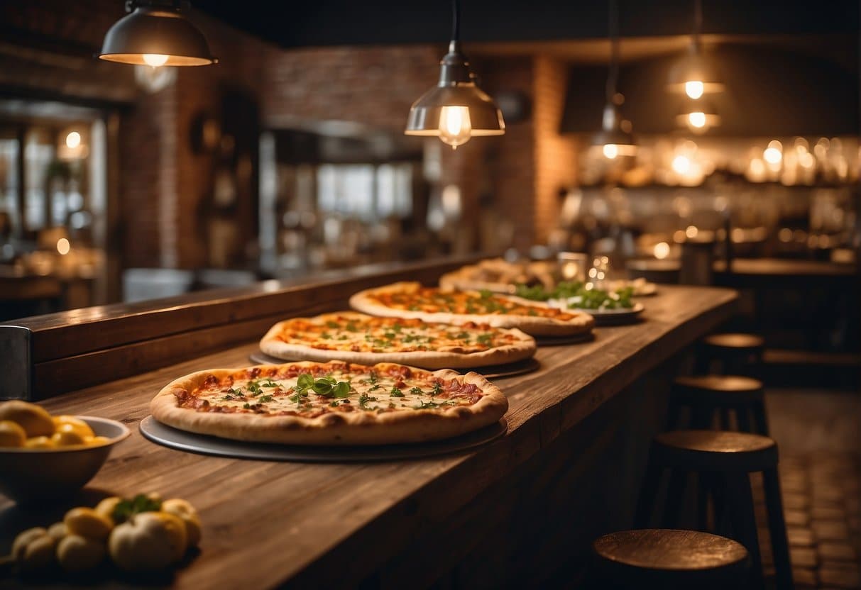 A bustling pizzeria in Holstebro, with locals enjoying their favorite pizzas in a cozy, inviting atmosphere