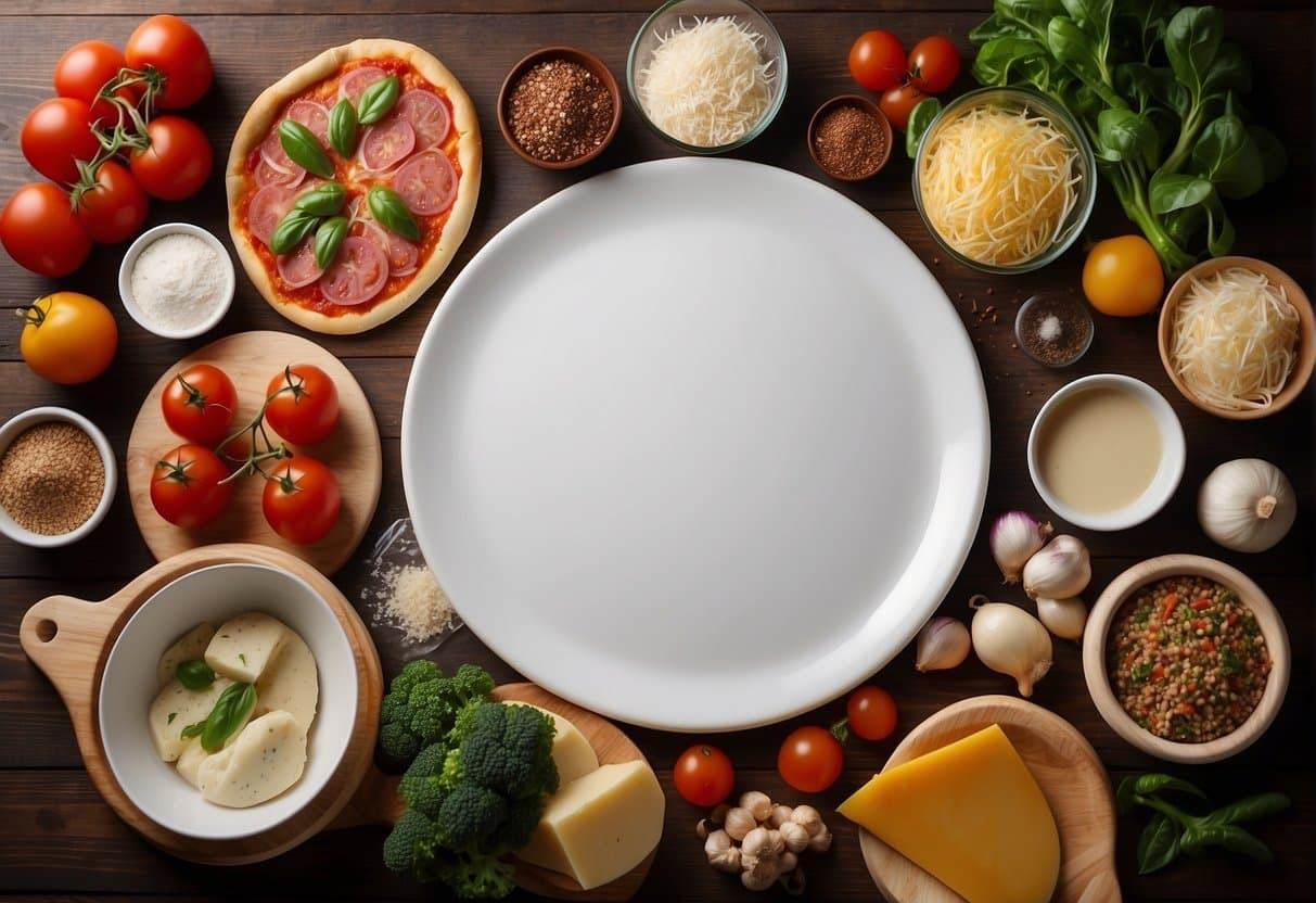 A table set with various pizza ingredients, including fresh vegetables, meats, and cheeses, with a chef's hat and apron nearby