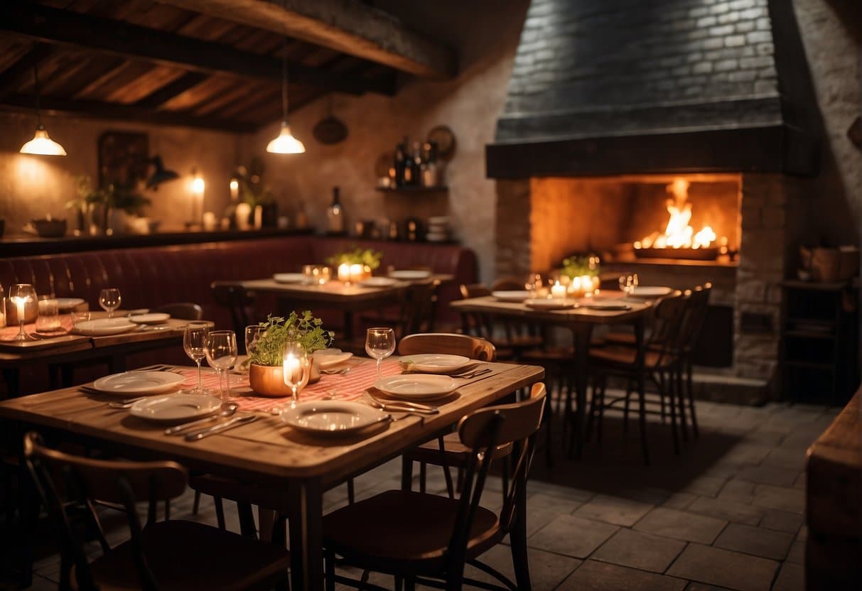 A rustic pizzeria in Holstebro, bustling with customers. A wood-fired oven fills the room with the aroma of bubbling cheese and fresh tomato sauce. Tables are adorned with checkered tablecloths and flickering candlelight