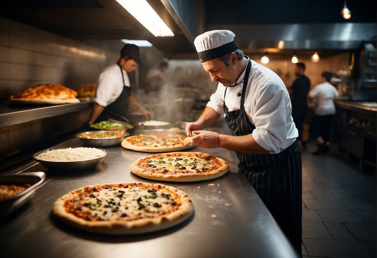 A bustling pizzeria in Holstebro, with customers enjoying their meals and leaving positive reviews. A chef is seen making pizzas in the open kitchen, while the aroma of freshly baked dough fills the air