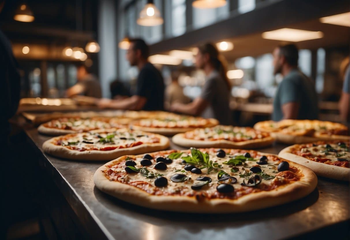 A bustling pizzeria in Fredericia, with mouthwatering pizzas being served and happy customers enjoying their meals