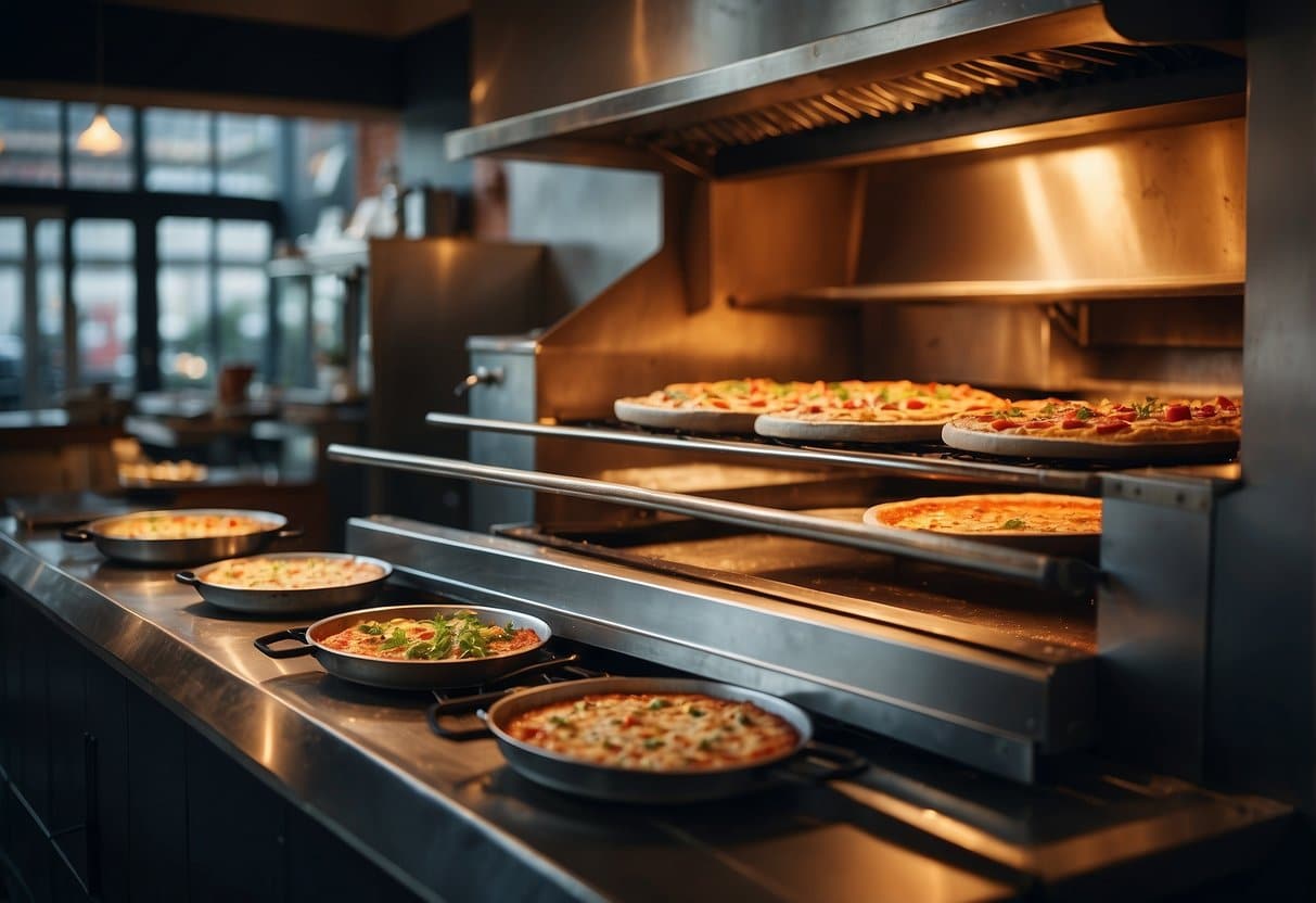 A bustling pizzeria in Fredericia, with steaming ovens, colorful toppings, and a welcoming atmosphere