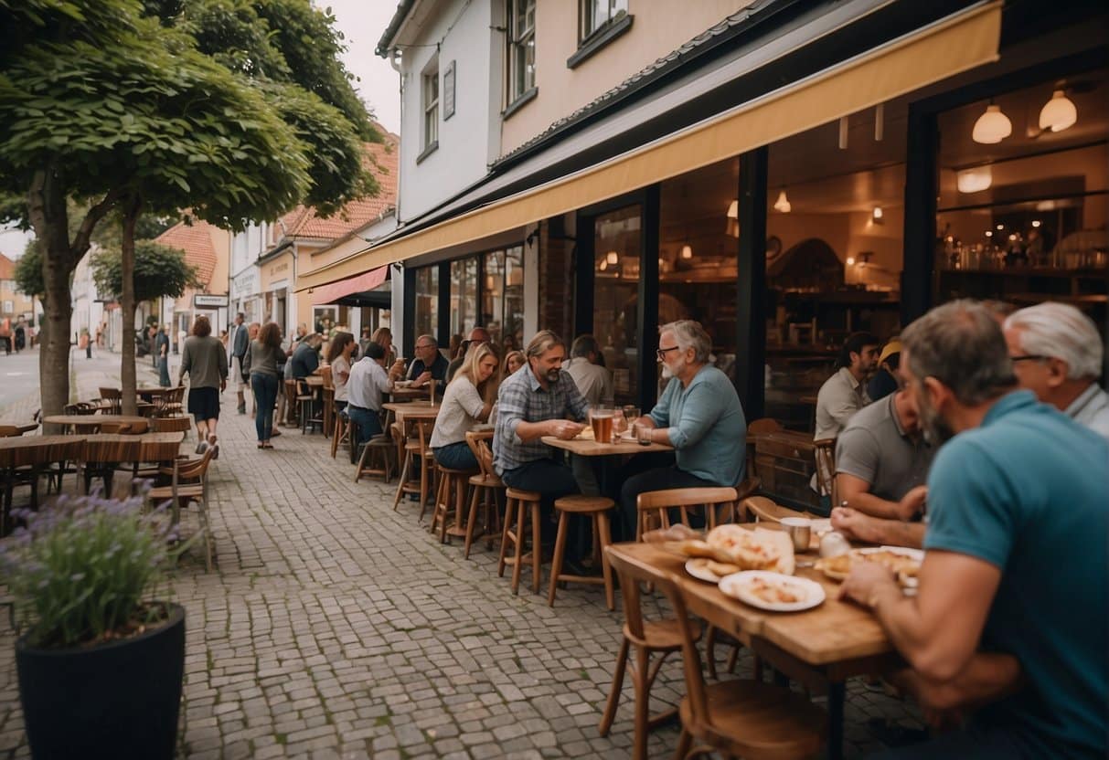 A bustling pizzeria in Fredericia, with colorful signage and outdoor seating. Customers enjoy slices of pizza at tables while others line up to place their orders inside