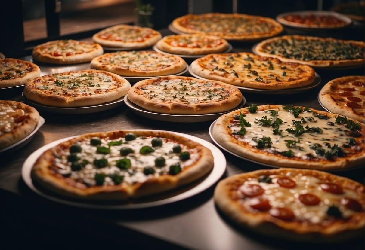 A bustling pizzeria in Fredericia, with a colorful array of freshly baked pizzas on display