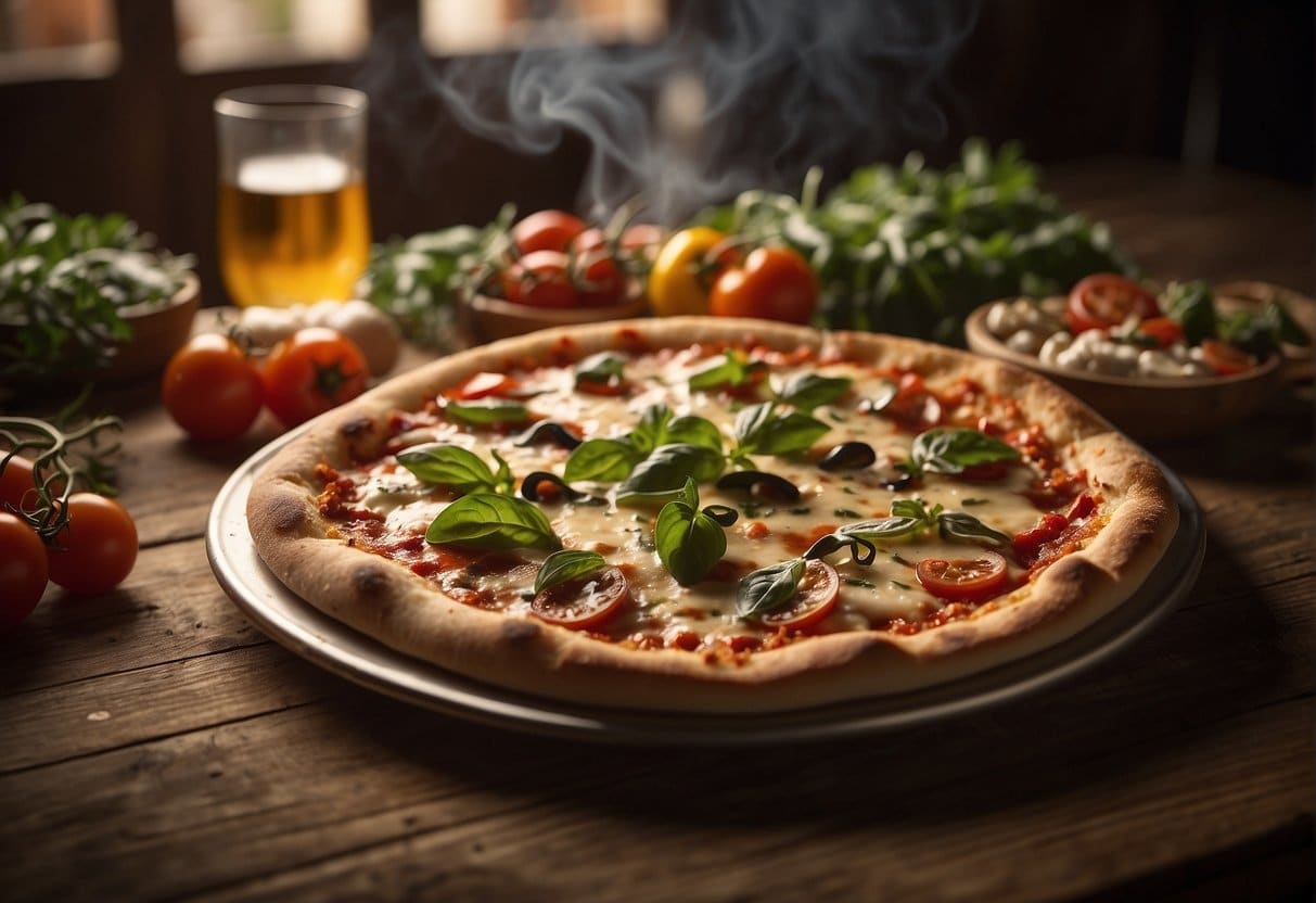 A steaming hot pizza sits on a wooden table, surrounded by fresh ingredients and a rustic Italian ambiance. The sign "Bedste Pizza i Billund" hangs proudly above the cozy pizzeria