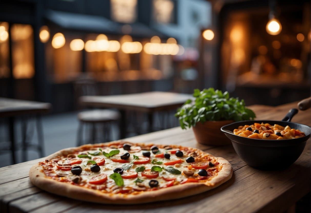 A rustic pizzeria in Billund, with a wood-fired oven and a cozy atmosphere. Outdoor seating and a sign reading "Praktisk Information Bedste Pizza i Billund" draw in hungry customers