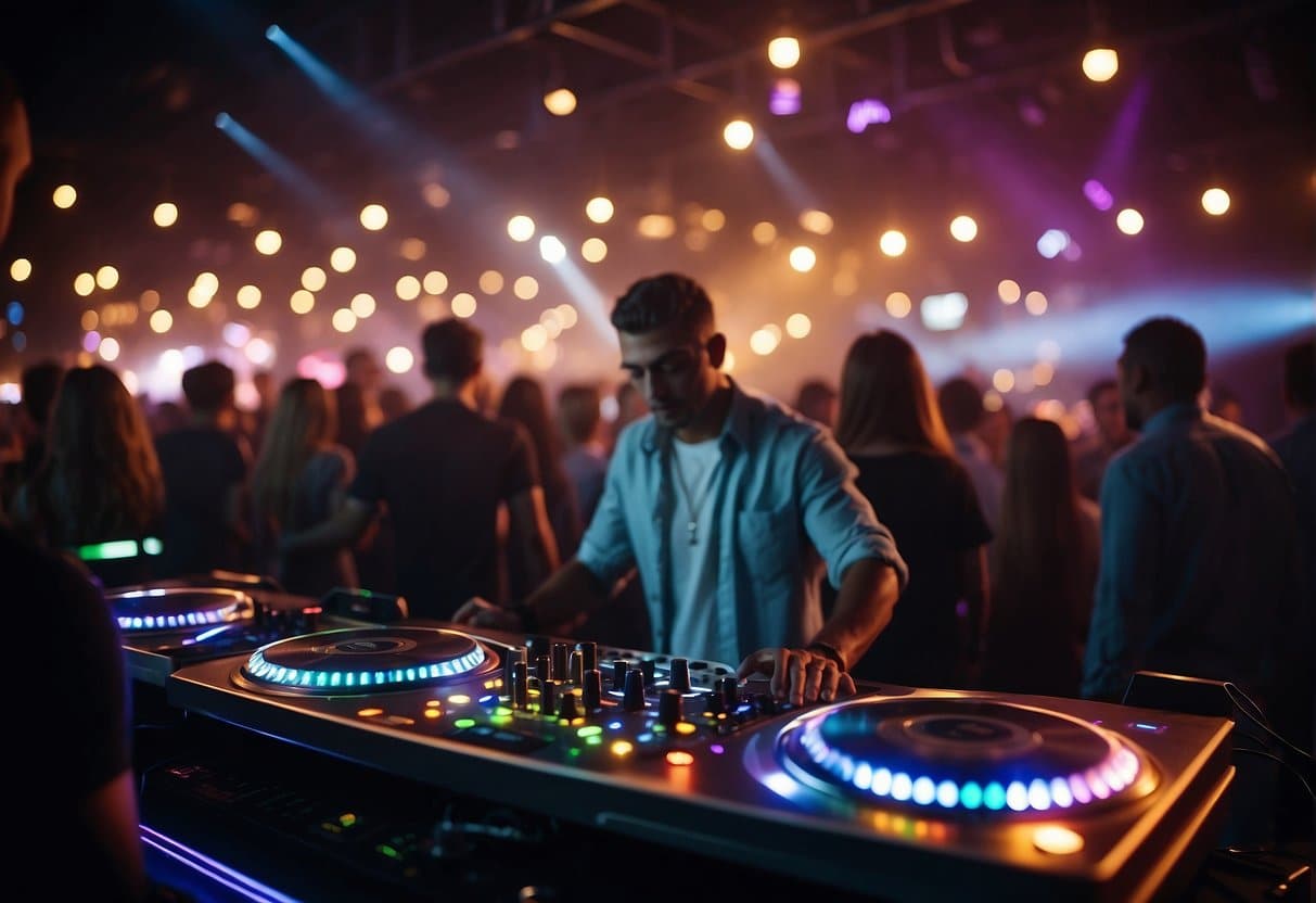 Colorful lights flash in a crowded nightclub. People dance to different genres of music. DJ booth and bar are busy