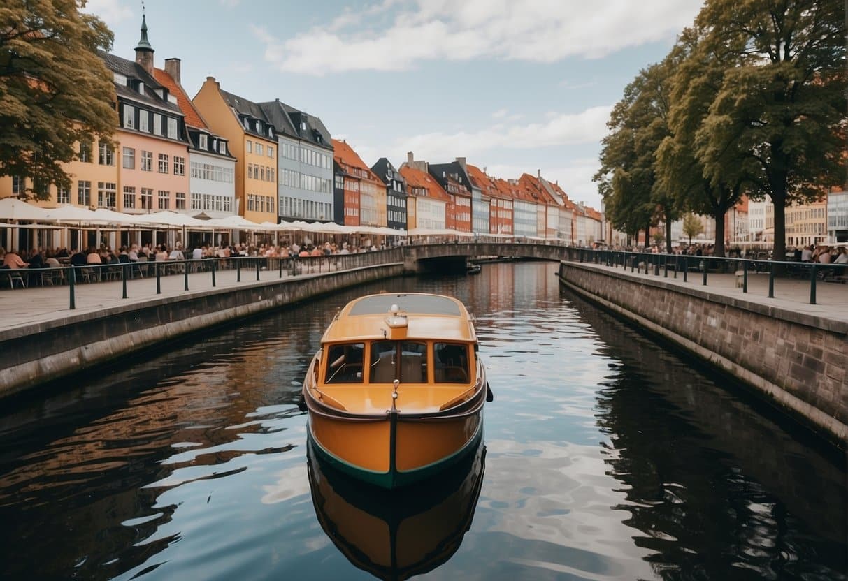 The boat cruises through the picturesque canals of Copenhagen, passing by colorful historic buildings and charming waterfront cafes