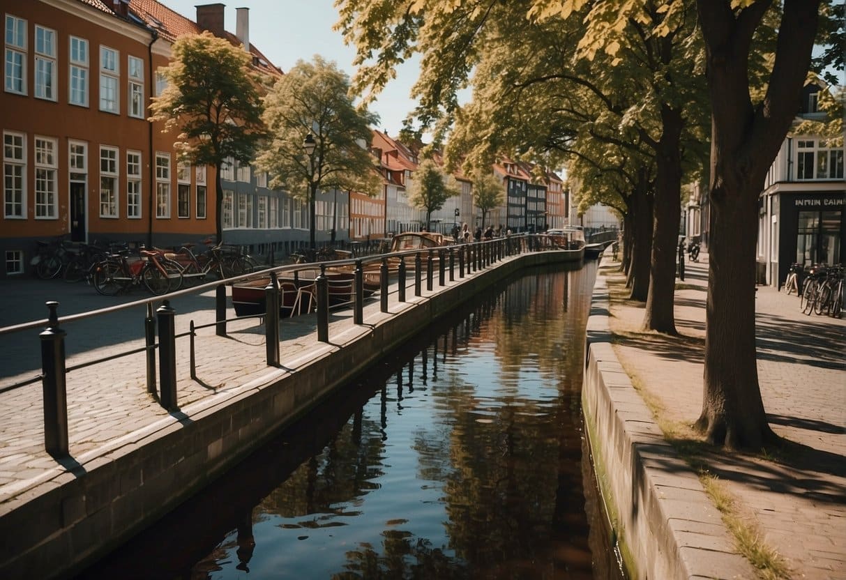 A bustling canal filled with colorful boats and historic buildings lining the water's edge in Copenhagen, Denmark