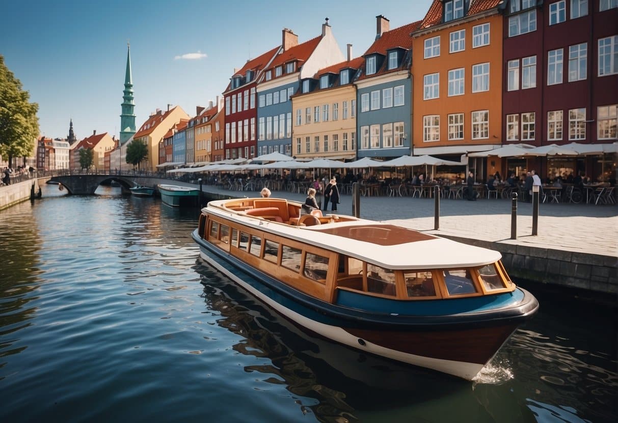 A boat glides through the picturesque canals of Copenhagen, passing by colorful buildings and historic landmarks. The water reflects the beautiful architecture, creating a serene and scenic atmosphere