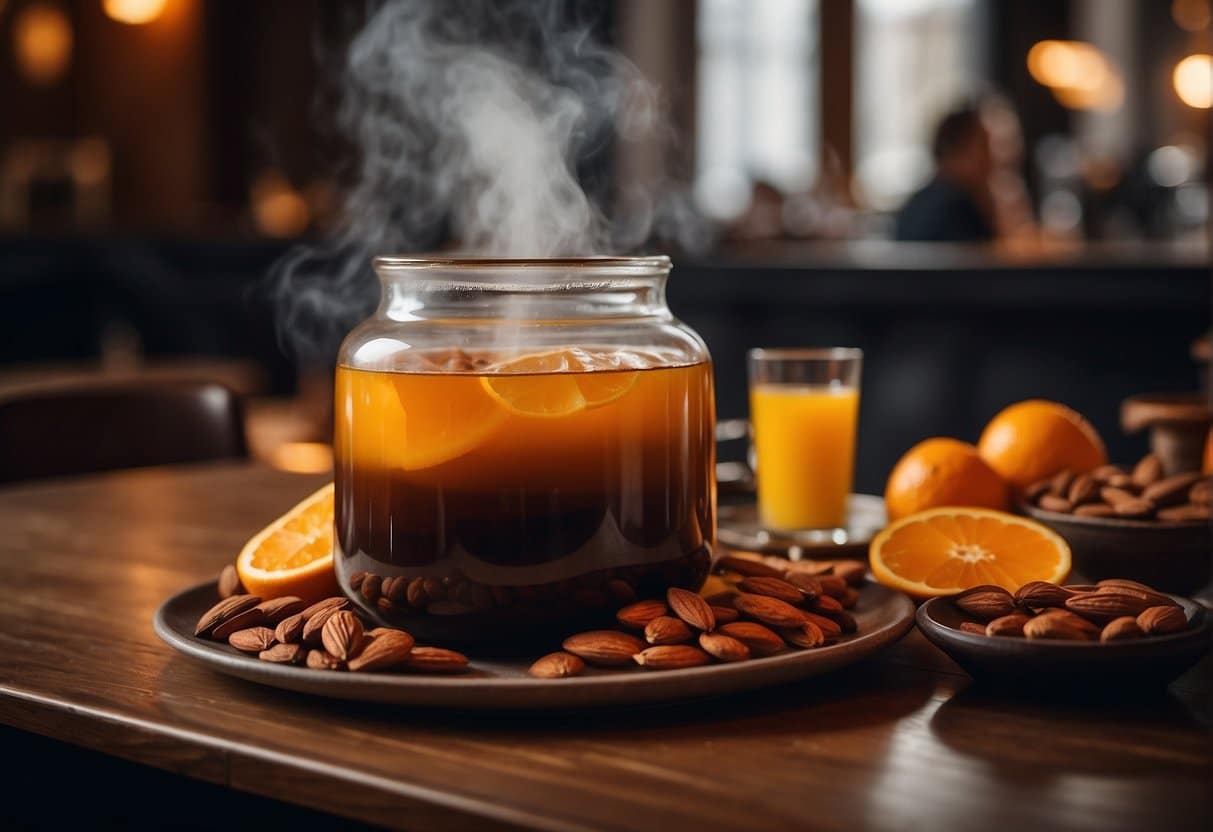 A steaming pot of Gløgg sits on a table in a cozy cafe in Copenhagen, surrounded by cinnamon sticks, orange peel, and almonds