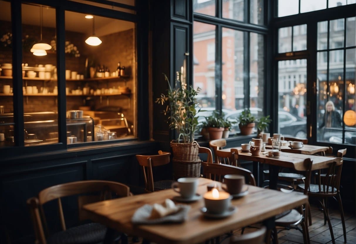 A cozy cafe in Copenhagen, with steaming pots of spiced wine on the stove. Snowflakes drift past the window, as people chat and laugh over their warm mugs