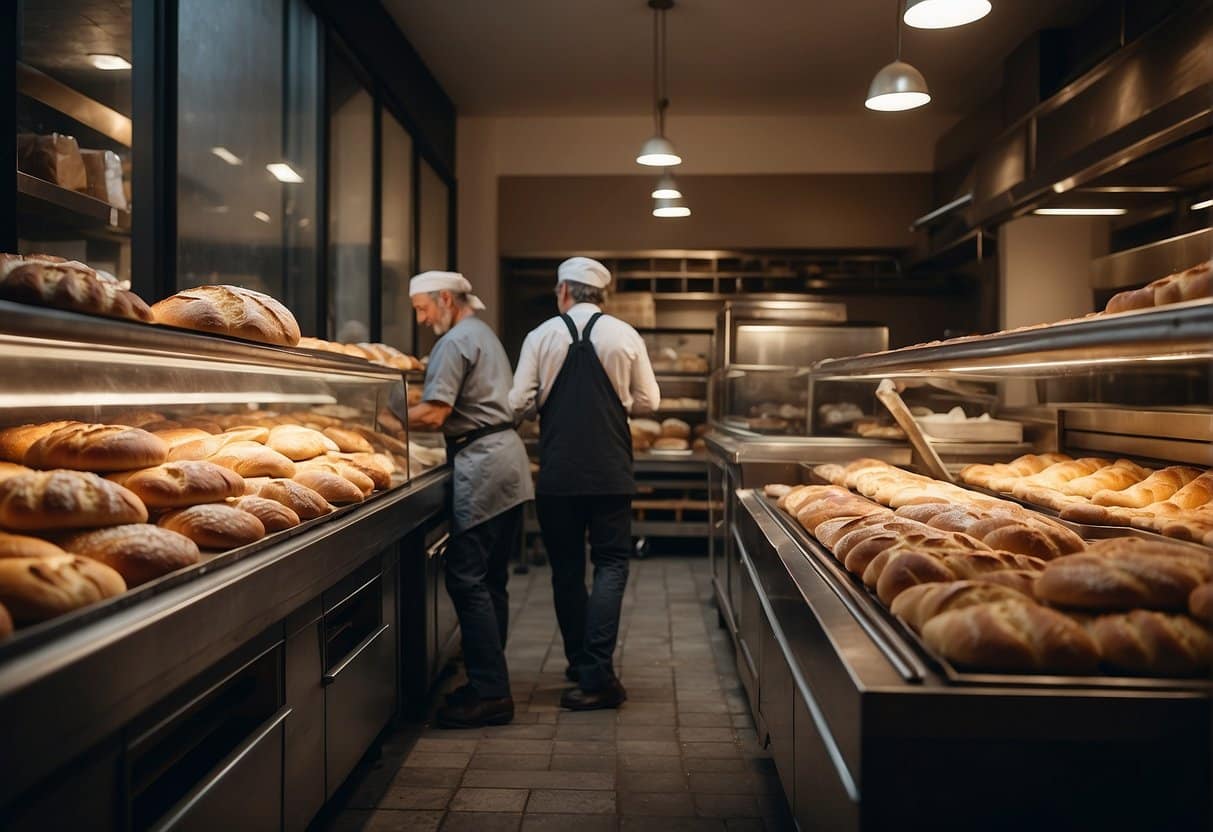 A bustling bakery in Copenhagen, with bread being skillfully crafted and baked in traditional ovens