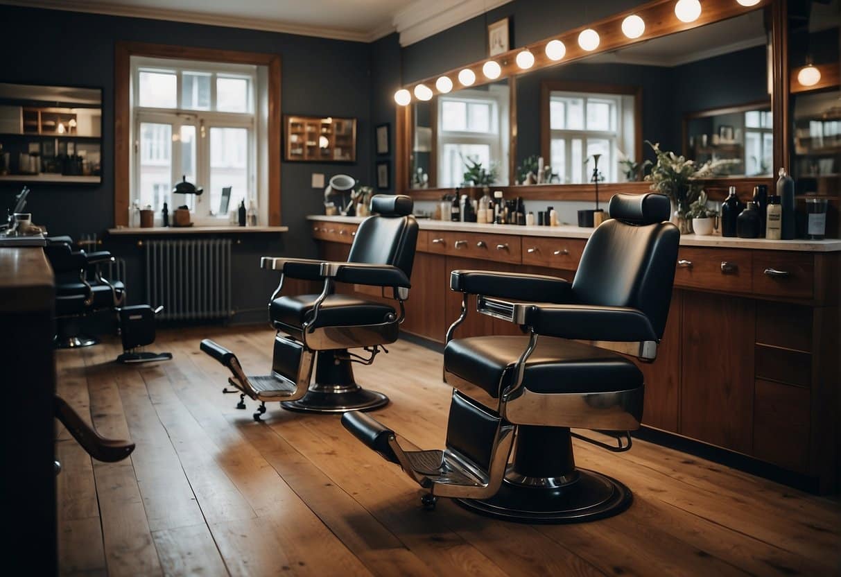 A stylish barber shop in Copenhagen with modern decor and vintage barber chairs. A barber is giving a client a precise haircut