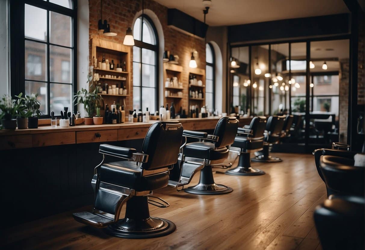 A busy salon with clients waiting, a receptionist at the front desk, and a stylist cutting hair