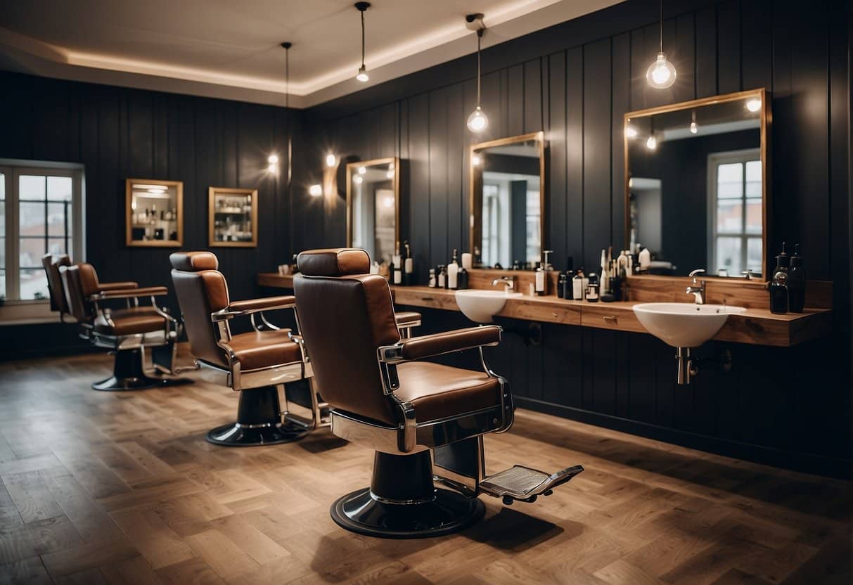 A modern, upscale barber shop in Copenhagen with sleek, leather barber chairs, a stylish grooming station, and a wall lined with high-quality hair products