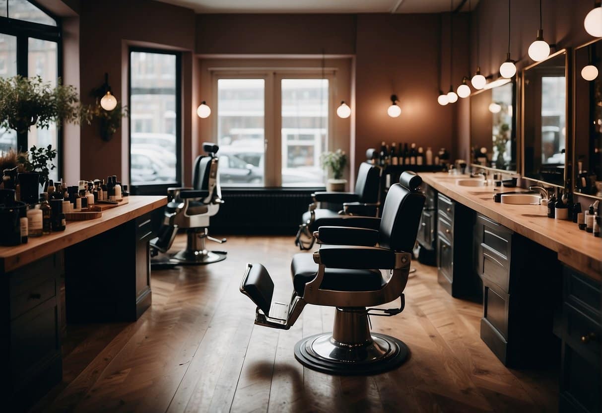 A stylish barber shop in Copenhagen with modern decor and high-quality grooming products on display