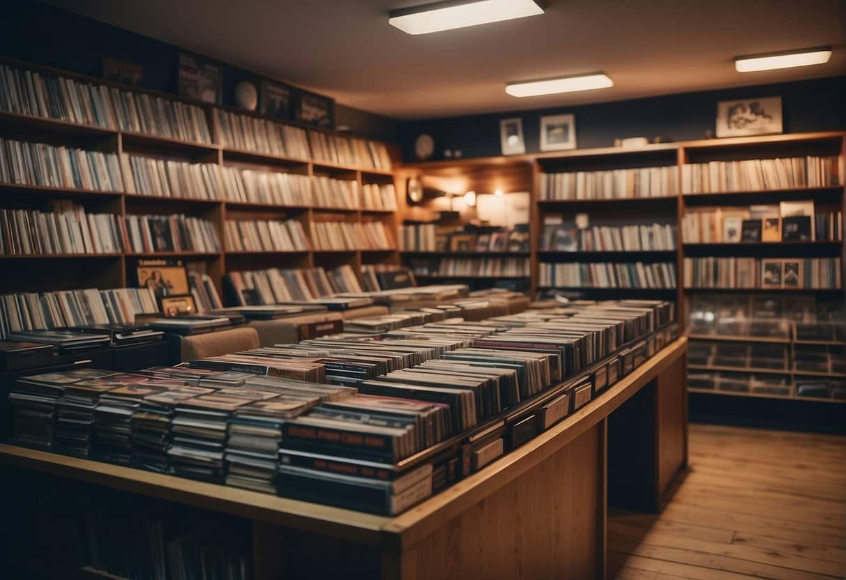 A cozy record store in Copenhagen, filled with vintage vinyl and colorful album covers. The shelves are lined with music from various genres, and a turntable sits in the center of the room