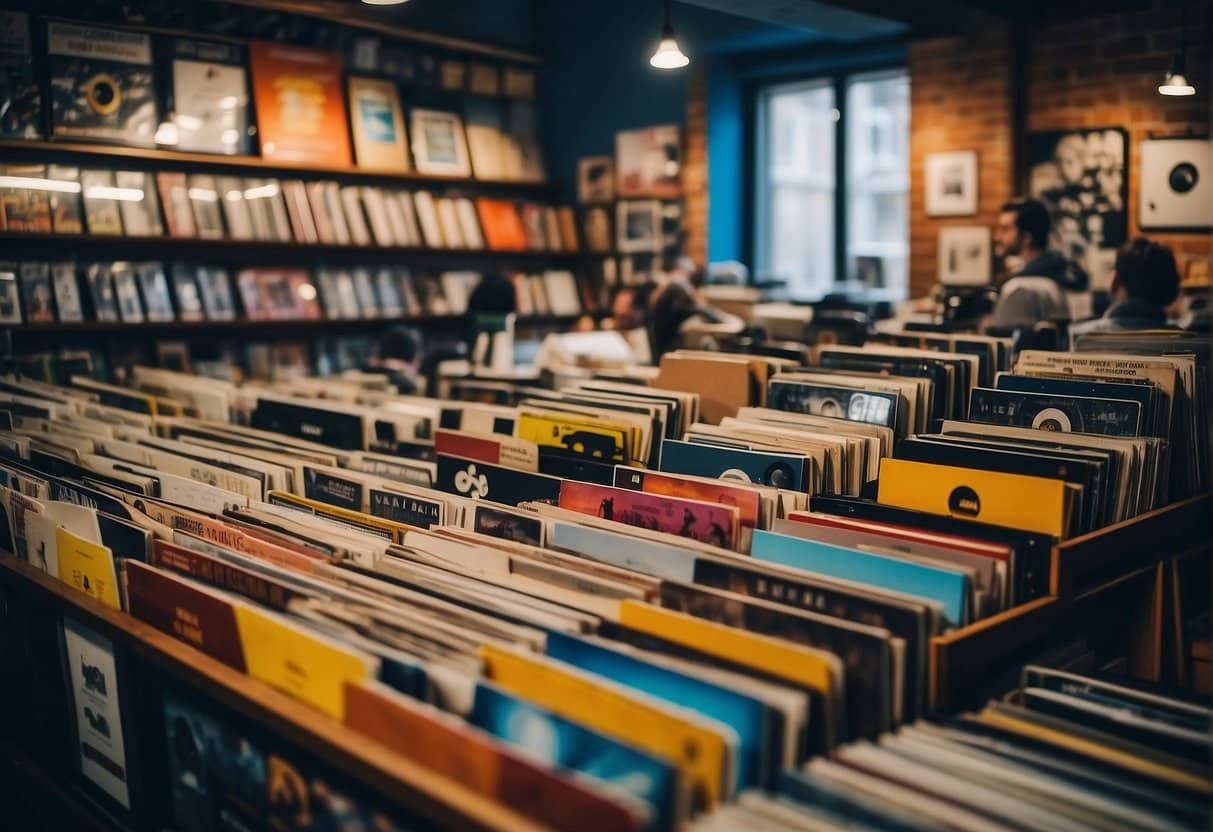 Vibrant record store in Copenhagen with colorful displays and vintage vinyl. Customers browsing, music playing, and cozy atmosphere