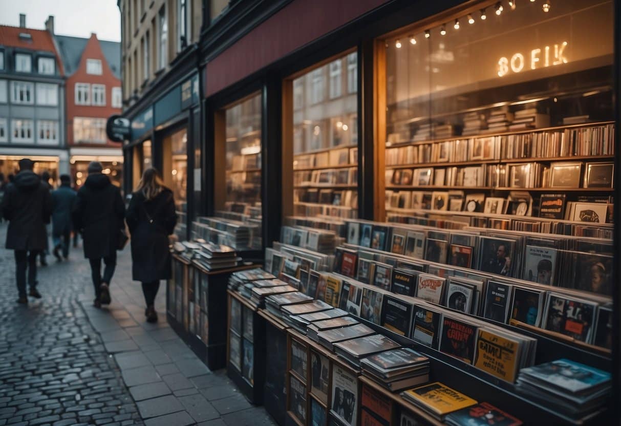 A bustling street in Copenhagen, with colorful music genre signs and various record shops lining the sidewalk