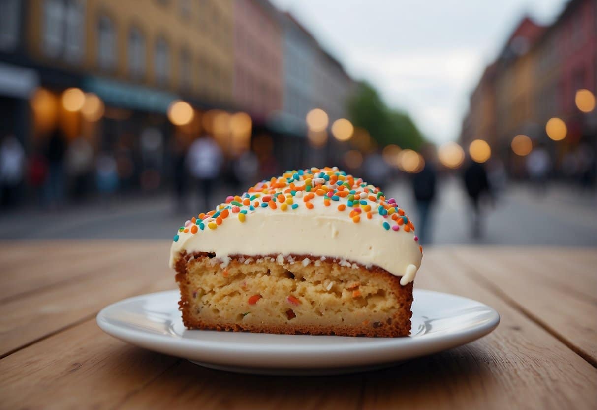 A table set with a freshly baked carrot cake, topped with cream cheese frosting and surrounded by scattered crumbs. A cozy cafe interior with soft lighting and a warm atmosphere