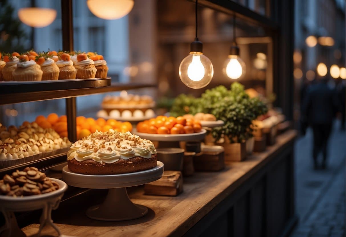 A cozy bakery in Copenhagen, with tables adorned with fresh flowers and warm lighting. A display case showcases a decadent carrot cake, surrounded by vibrant seasonal produce