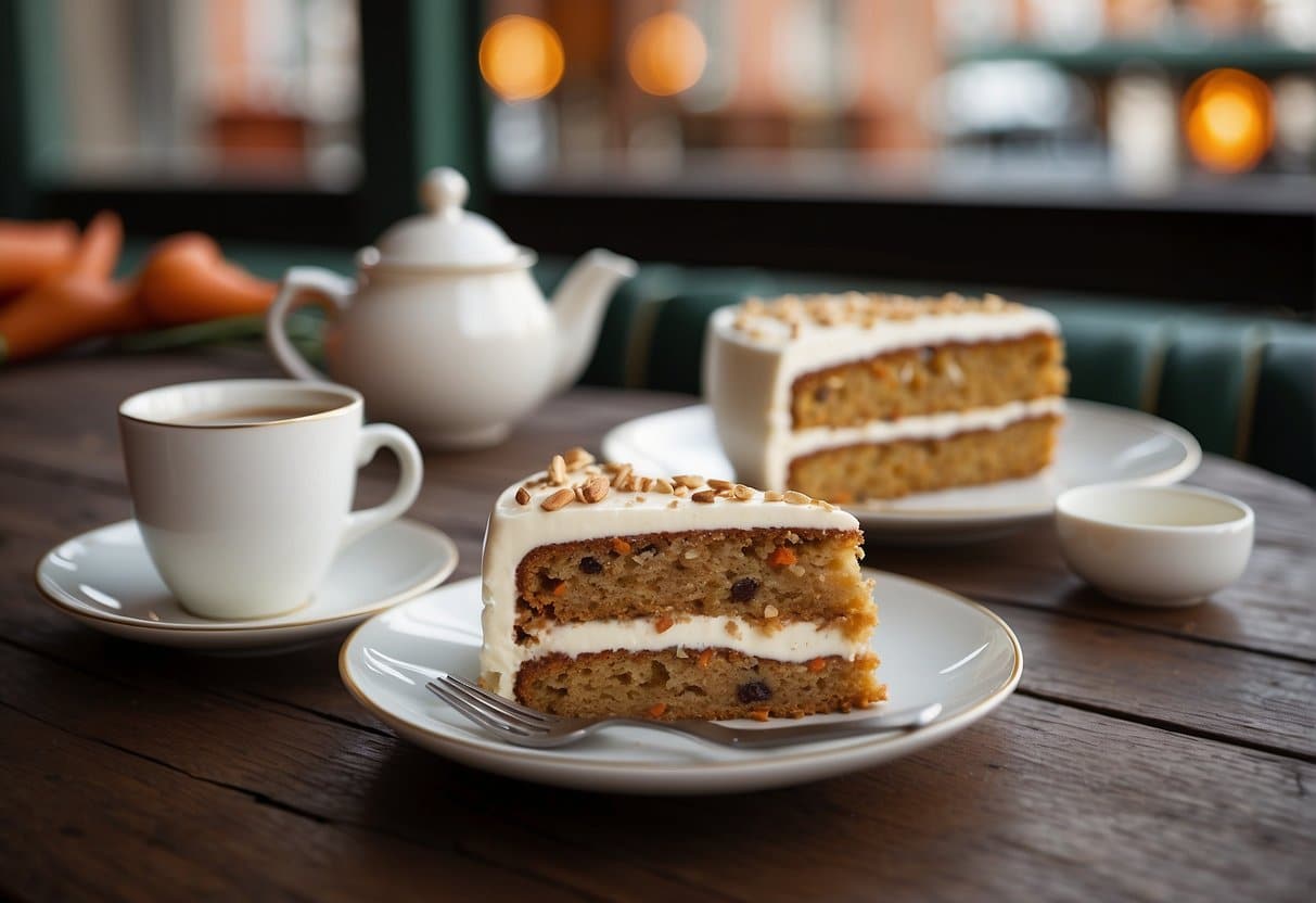 A table set with a freshly baked carrot cake, surrounded by vintage teacups and a quaint Danish cafe backdrop