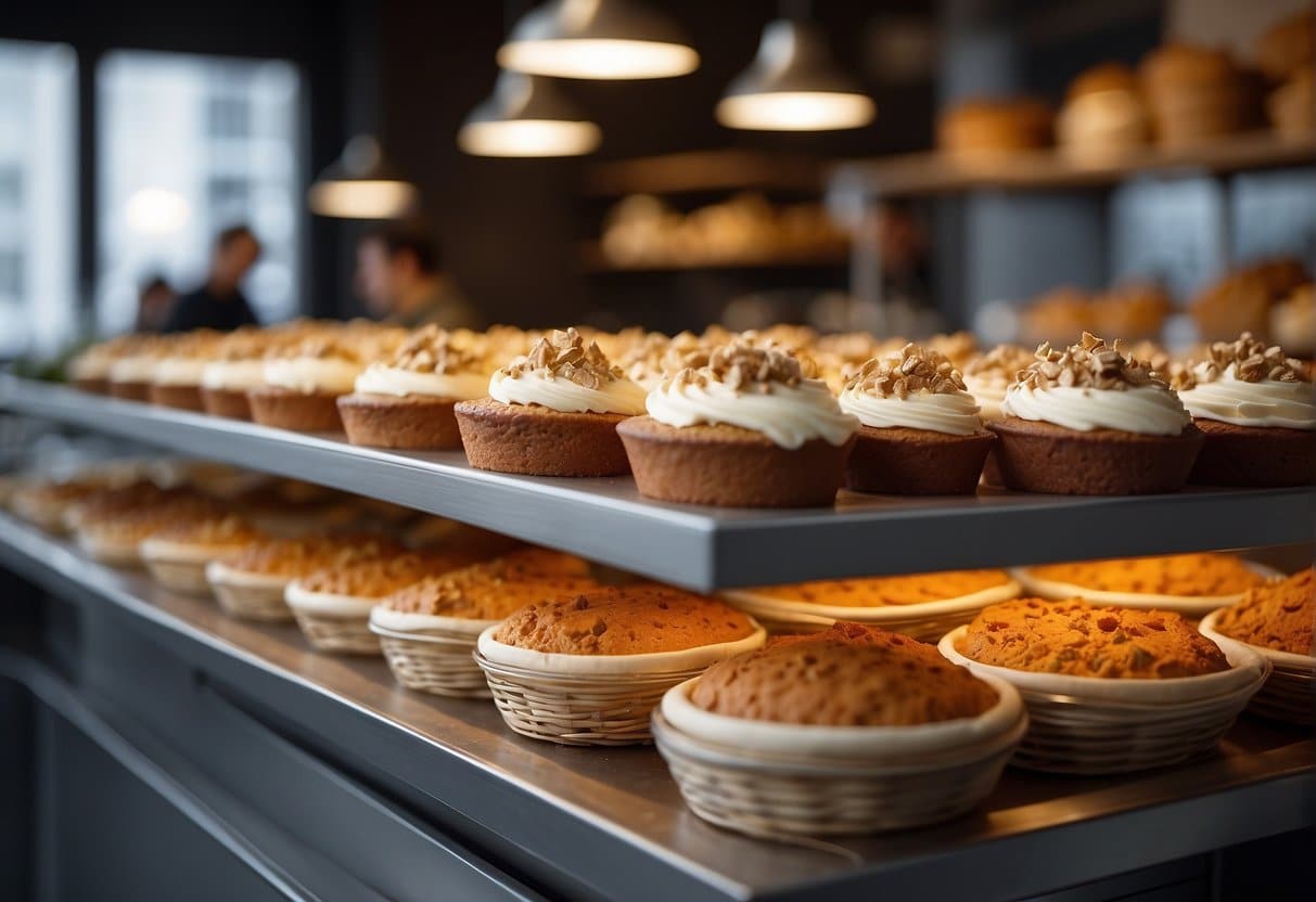 A table set with a variety of carrot cakes, surrounded by a bustling Copenhagen cafe