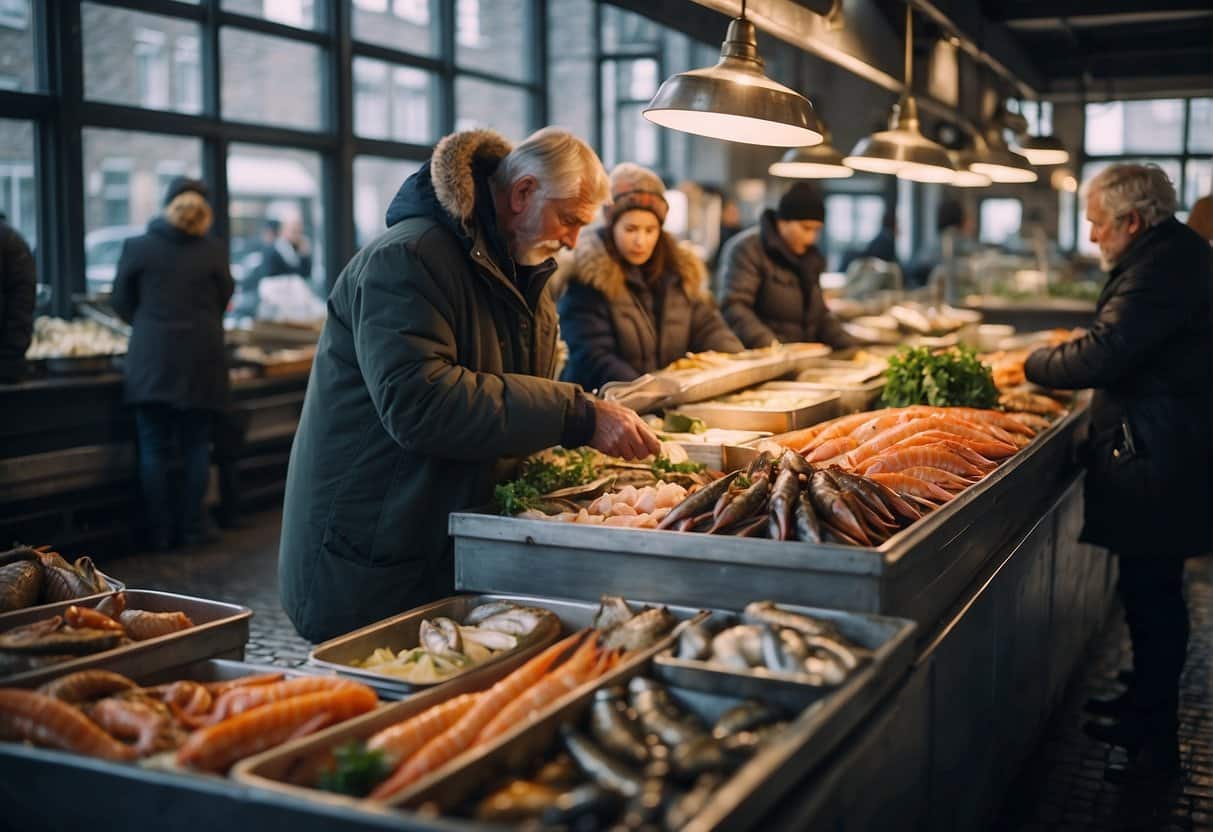 Busy Copenhagen fish market with colorful stalls, fresh seafood, and bustling customers