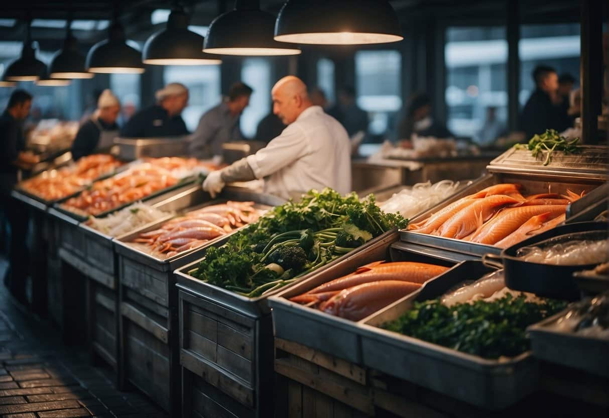 A bustling fish market in Copenhagen, with an array of fresh seafood products and top-notch services